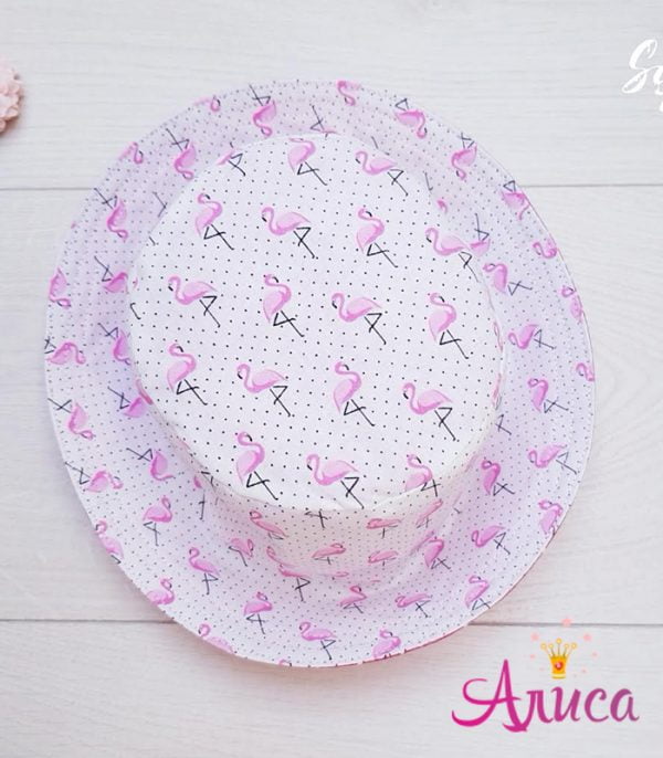 Двухсторонняя летняя детская панамка "Розовый Фламинго в горошек"