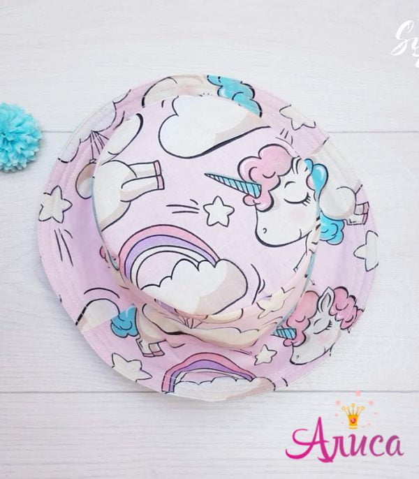 Двухсторонняя летняя детская панамка "Единорожки в облаках на розовом"