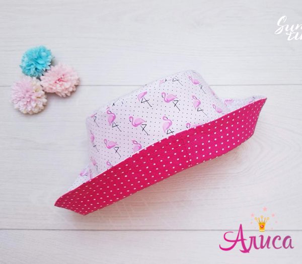 Двухсторонняя летняя детская панамка "Розовый Фламинго в горошек"