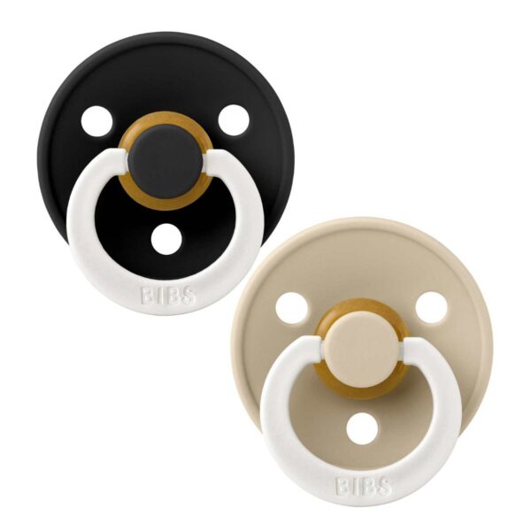 Соска пустушка BIBS Colour Latex Round (кругла) – Black GLOW/Vanilla GLOW (світиться в темряві) (2 в упаковці) 6-18 міс.