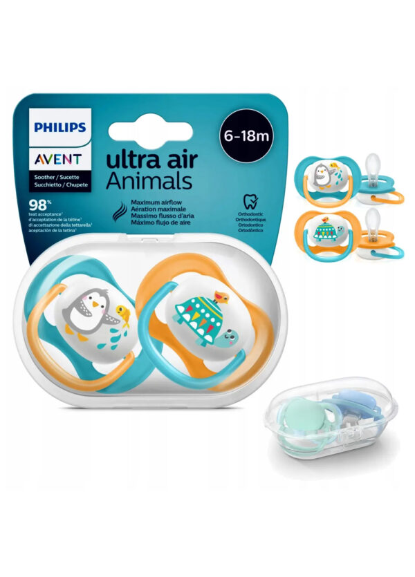 Силіконова пустушка philips avent ultra air animal 6-18 міс. 2 для хлопчиків 2 шт. (scf080/07) (8710103949411)
