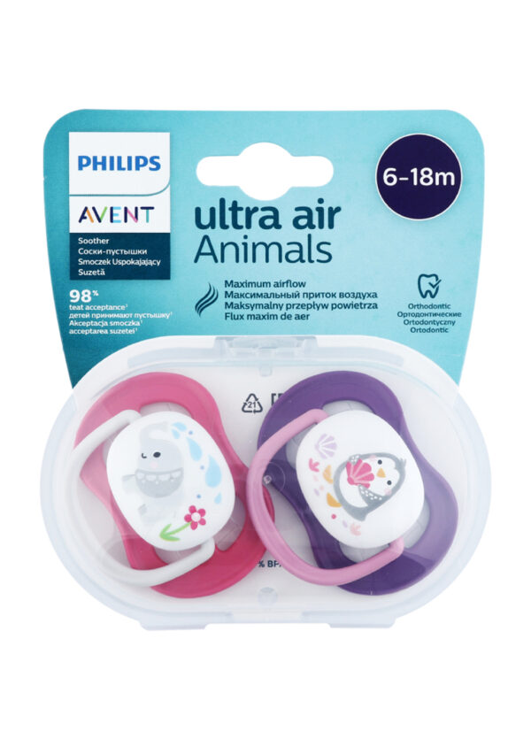 Силіконова пустушка philips avent ultra air "animal" 6-18 міс. для дівчаток 2 шт. (scf080/08) (8710103949459)
