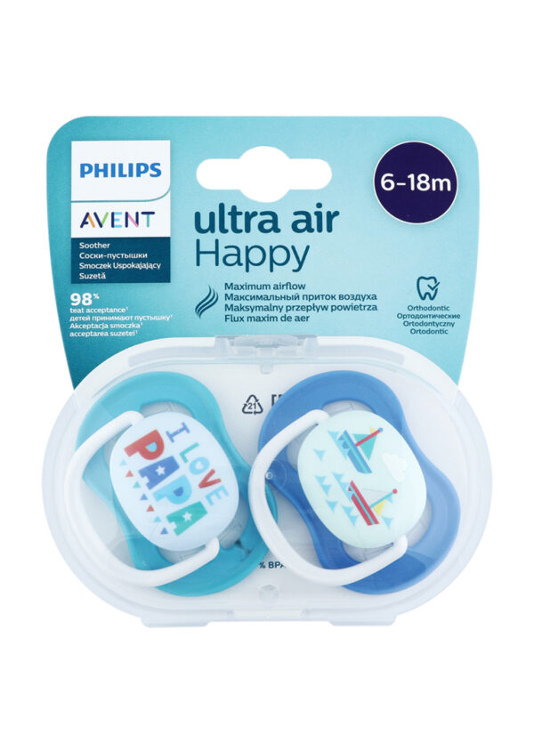Силіконова пустушка philips avent ultra air "i love…" 6-18 міс. для хлопчиків 2 шт. (scf080/03) (8710103949251)