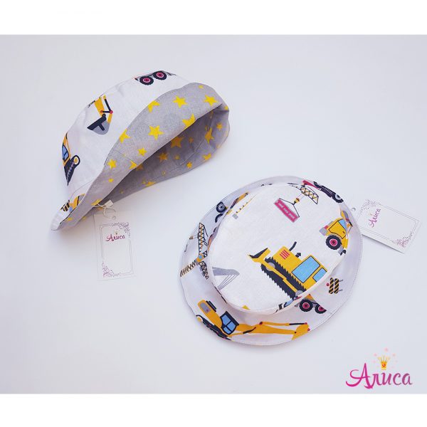 Панама хлопковая детская "Строительная техника серо-жёлтая на белом"