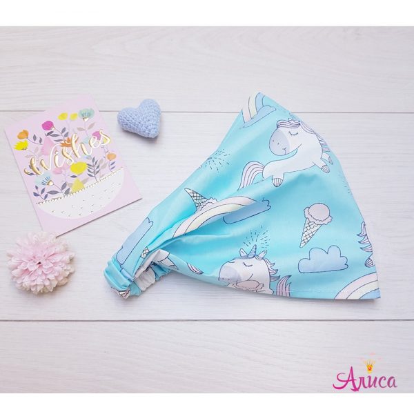Косынка хлопковая на резинке "Единороги и мороженное на бирюзовом"