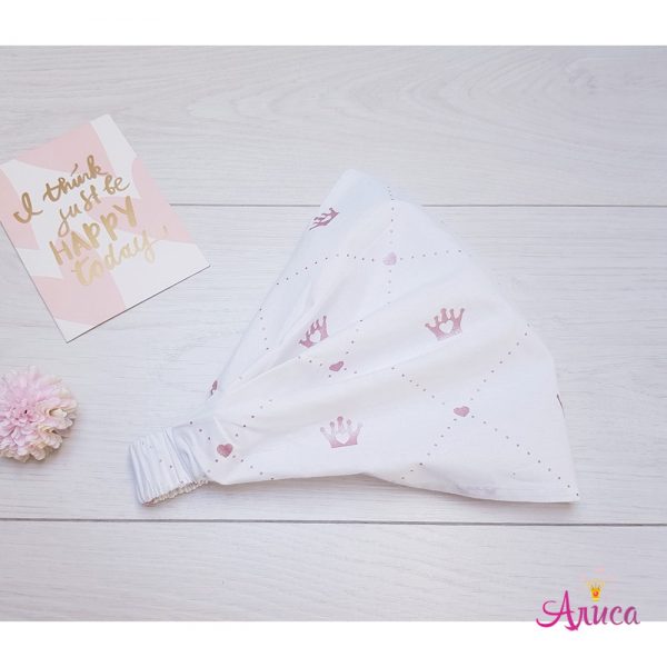 Косынка хлопковая на резинке "Короны с глиттером розовые на белом"