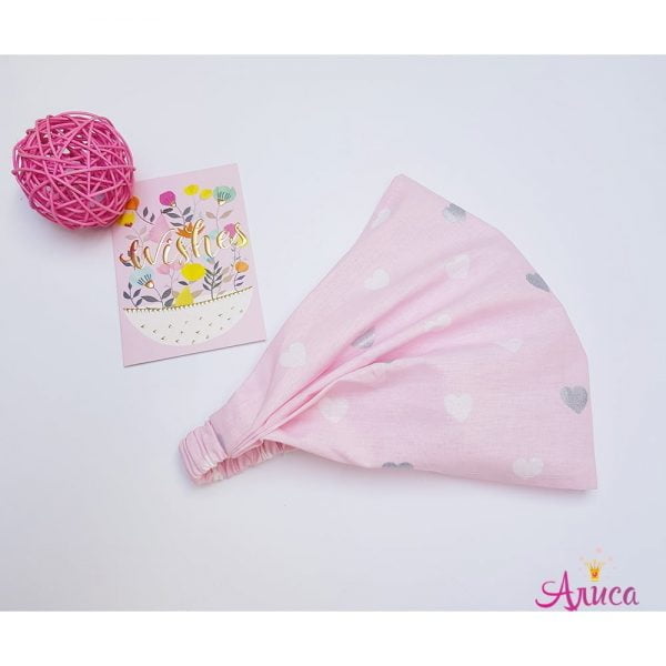 Косынка хлопковая на резинке "Сердечки белые и серебристые на розовом"