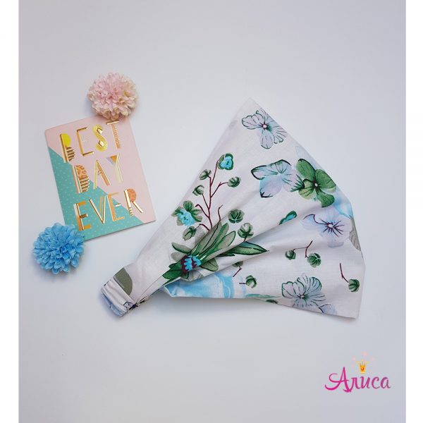 Косынка хлопковая на резинке "Цветочки зелено-голубые"