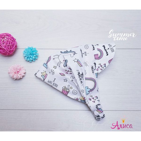 Косынка на резинке хлопковая с козырьком "Единороги и радуга"