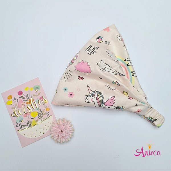 Косынка на резинке хлопковая "Единороги на светло-розовом"