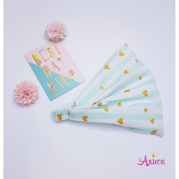 Косынка хлопковая на резинке "Золотые сердечки на мятной полоске"