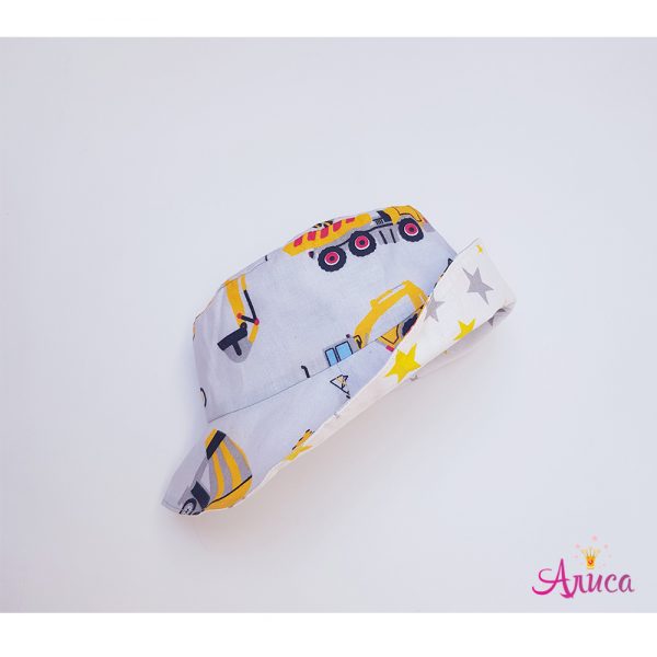 Панама хлопковая детская "Строительная техника серо-жёлтая на белом"