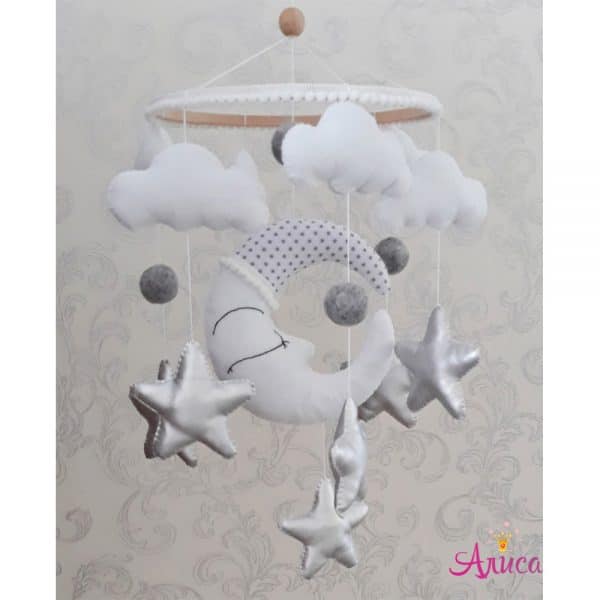 Мобиль из фетра ручной работы "Луна, облака, звезды"