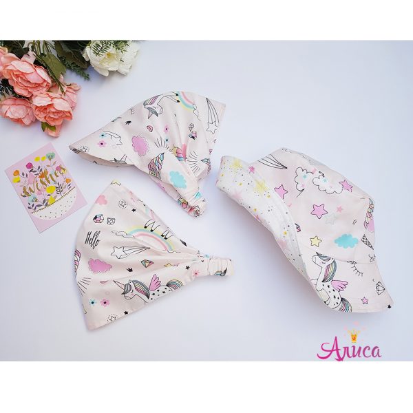 Панама хлопковая детская "Единороги и радуга на светло-розовом"